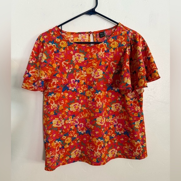 SHEIN Tops - Floral Red Top with Ruffle Sleeves, size XL